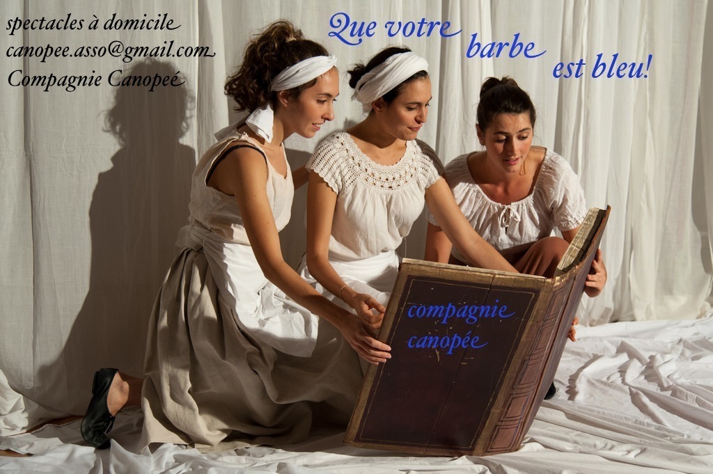 Three performers reading large book on stage