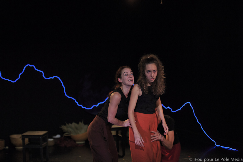 Giorgia and performer, Giorgia looking concerned and performer making scary face